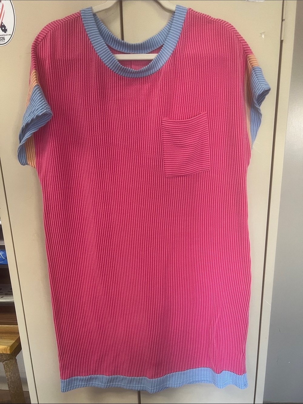 Pink Ribbed Short-Sleeve Pocket dress with Blue Trim